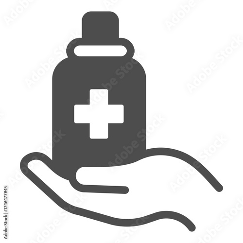 Bottle of antiseptic in palm solid icon, hygiene concept. Vector graphics. Antiseptic bottle with medical cross sign on white background, glyph style icon for mobile or web design.