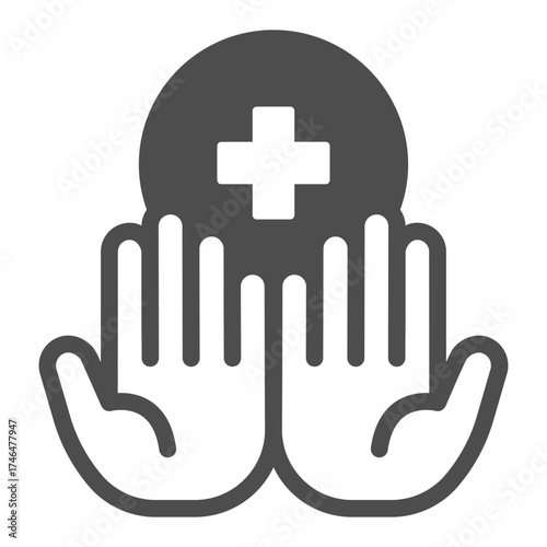 Clean palm of hands solid icon, hygiene concept. Vector graphics. Hands and medical cross bubble sign on white background, glyph style icon for mobile or web design.