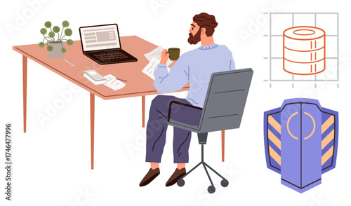 Man analyzing documents at desk with laptop and coffee, database graph, shield icon, and organized workspace. Ideal for data security, remote work, IT management, productivity, database analysis