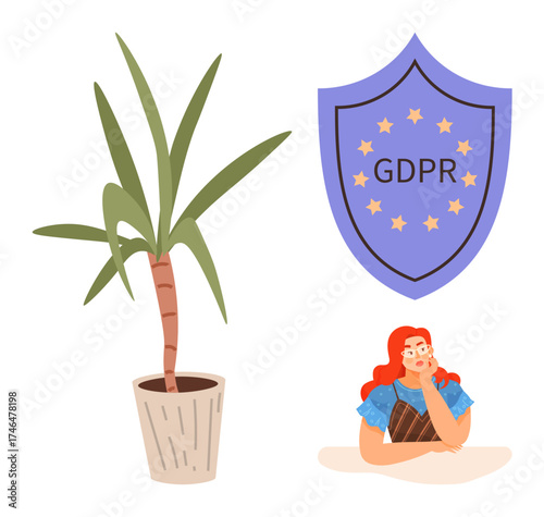 Potted plant, GDPR shield emblem with stars, and red-haired woman in thoughtful pose. Ideal for GDPR, privacy awareness, data protection, compliance, legal frameworks, personal reflection