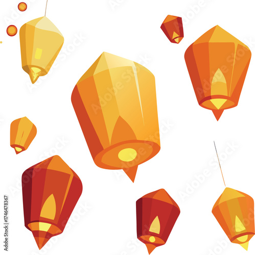 Paper lanterns floating into starry sky.