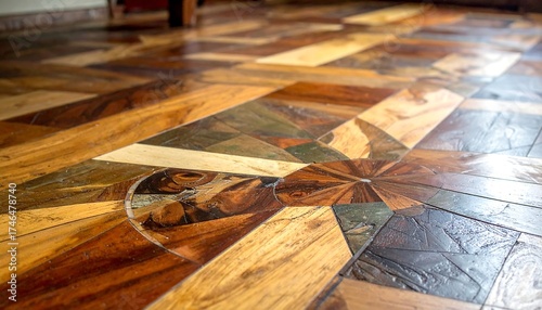 Close-up of a richly patterned wooden floor with geometric inlay designs and a variety of wood tones, creating a warm, artistic surface