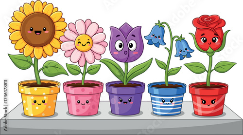 Cute cartoon flowers in pots with happy faces on a shelf