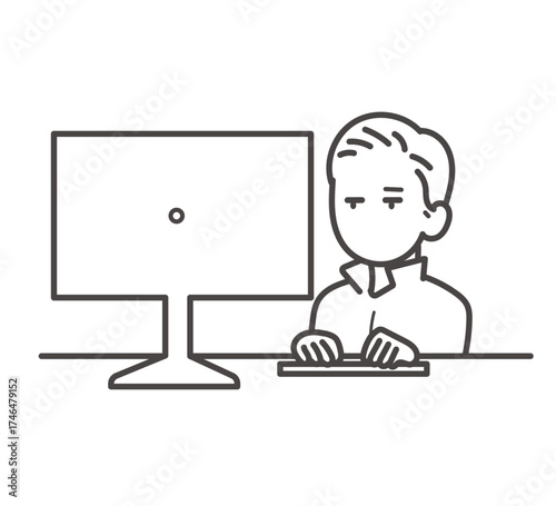 デスクトップパソコンで仕事をする土木技師の男性のイラスト　線画のみ