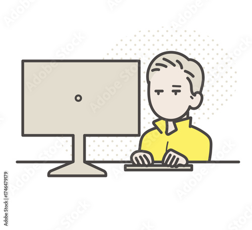 デスクトップパソコンで仕事をする土木技師の男性のイラスト
