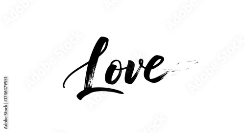 Elegant black ink brush lettering of the word Love. Modern handwritten calligraphy script isolated on a white background for romantic design