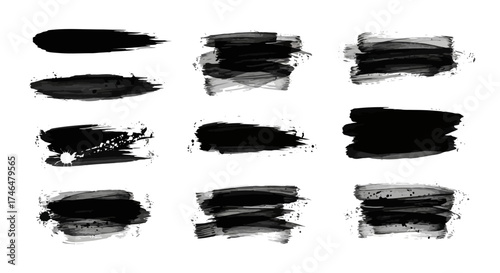 Dynamic set of grunge black ink brush strokes, artistic paint textures, and expressive splatters, ideal for creative design projects and modern abstract compositions