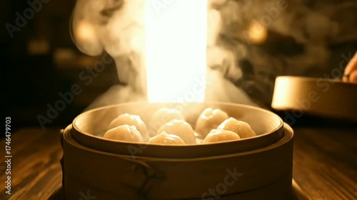 steaming hot dumplings in bamboo steamer