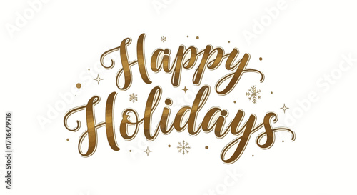 Elegant golden calligraphy spells out 'Happy Holidays' with decorative stars and snowflakes on a white background.