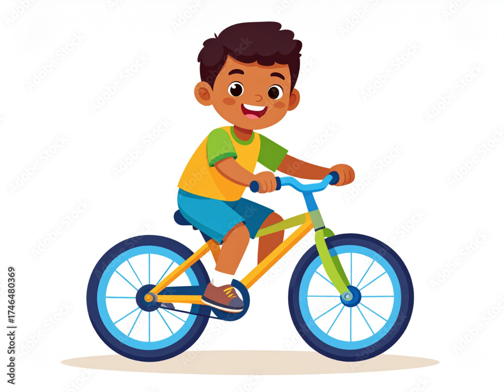 Fototapeta premium Cheerful child riding a small bicycle with training wheels, bright flat