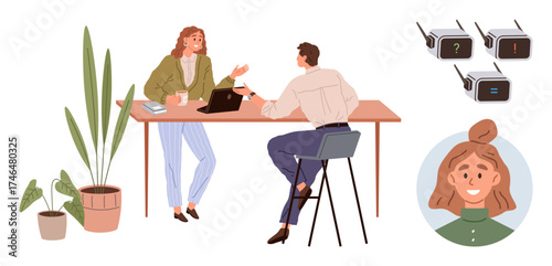 Two coworkers conversing at a table, using a laptop, surrounded by potted plants and user profile illustration. External tech devices indicate question, warning, and notification. Ideal