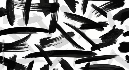 Seamless abstract pattern with chaotic black ink brush strokes on a white background.