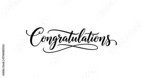 Elegant black cursive calligraphy text that says "Congratulations" on a white background.