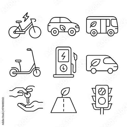 Sustainable Transportation Icons — e-bike, car sharing, EV charging, micromobility
