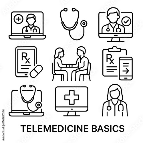 Telemedicine Line Icons — online doctor visit, e-prescription, remote care, health apps
