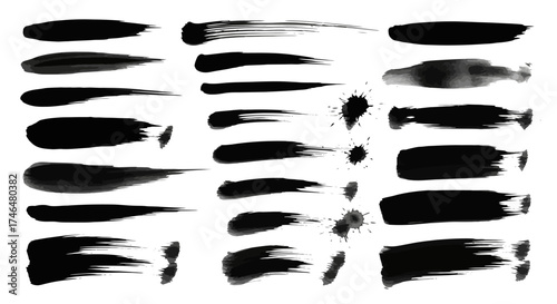Collection of black ink brush strokes, varying in width and texture, showcasing artistic techniques.