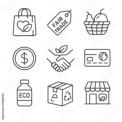 Ethical Shopping Icons — fair trade, local produce, eco packaging, conscious spending