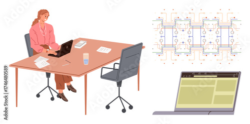 Woman at desk using a laptop, papers scattered, with network diagram and online browser. Ideal for technology, networking, remote work, office productivity, innovation, collaboration digital tools