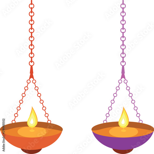 Hanging Decorative oil lamps with burning flame.