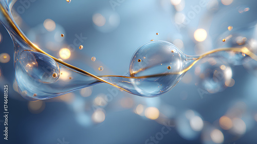 Blue and gold abstract background with luminous molecular forms and golden chains symbolizing antioxidants bonding to skin cells and beauty science
