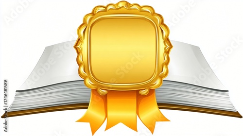 Celebrate achievement with this elegant golden award ribbon adorning an open book, signifying knowledge, success, and recognition for excellence