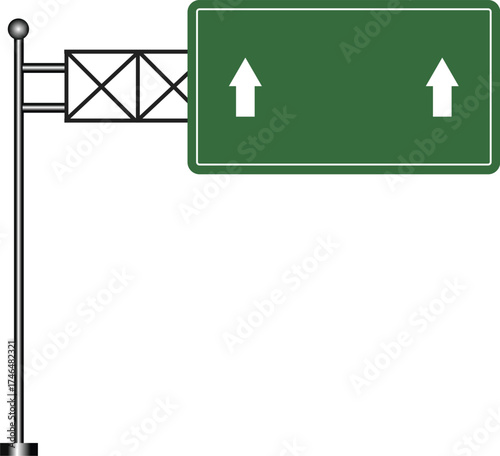Green highway sign with two upward pointing arrows, mounted on a metal pole, against a white background.