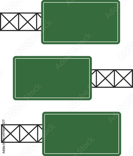 Three blank green road signs are mounted on black metal support structures, arranged vertically against a white background.