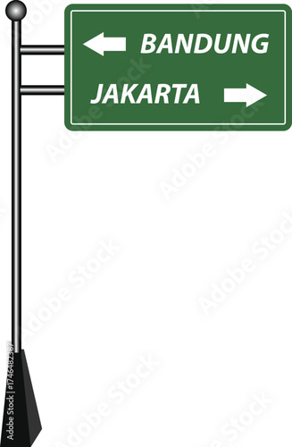 Green road sign indicating the direction to Bandung (left) and Jakarta (right) with arrows.