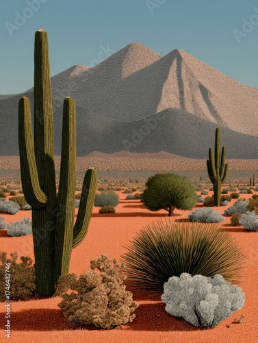 Landscapes of the desert with towering cacti and distant mountains under a clear blue sky at sunset