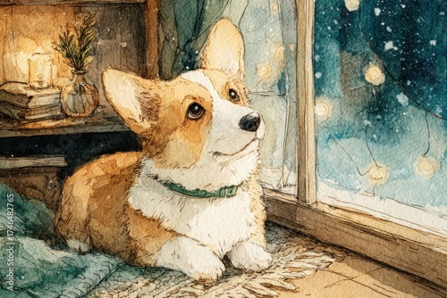 Corgi gazes out of window during a snowy winter evening, filled with wonder and warmth in a cozy room