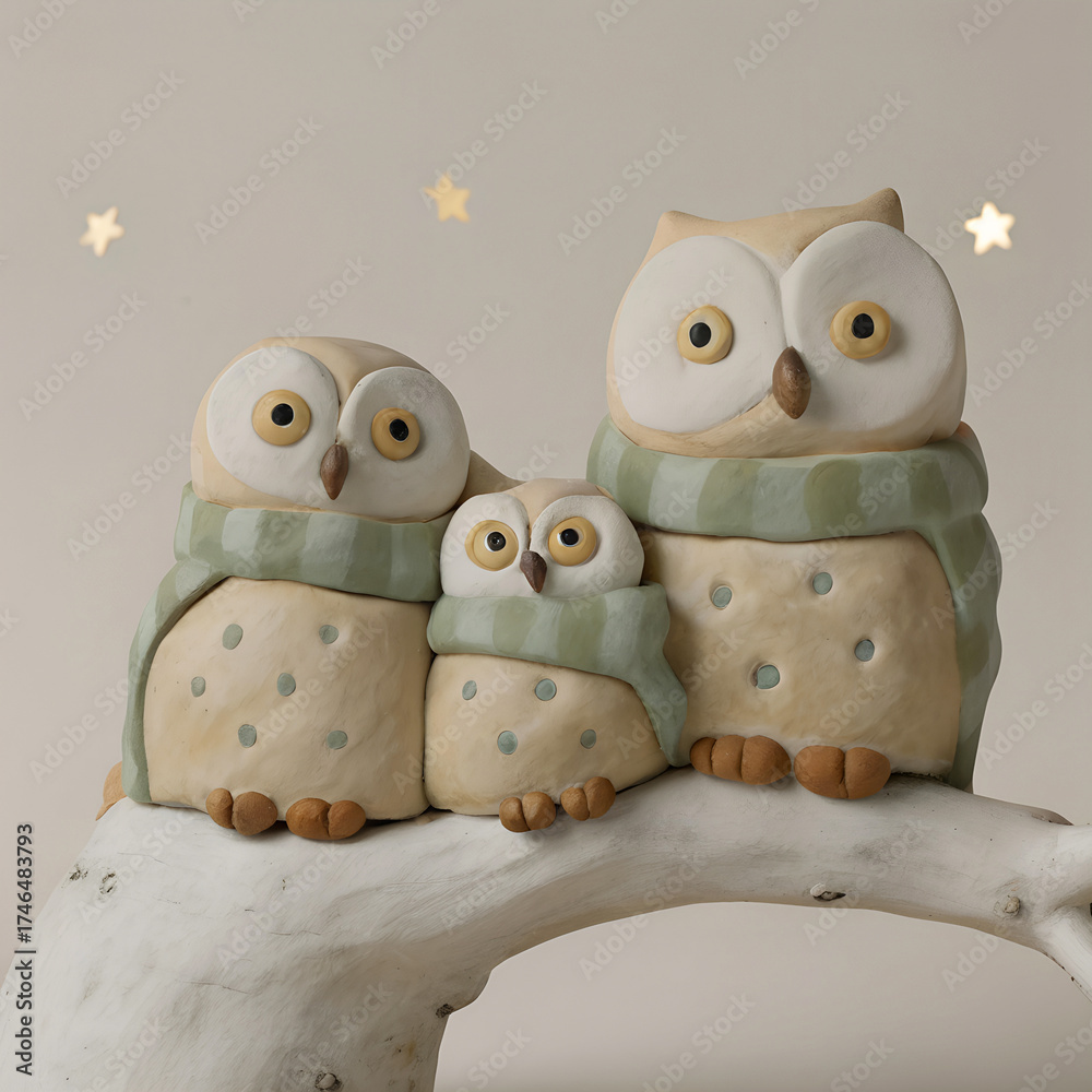 Obraz premium Three handmade clay owls in scarves sitting on a branch, cozy winter family scene.