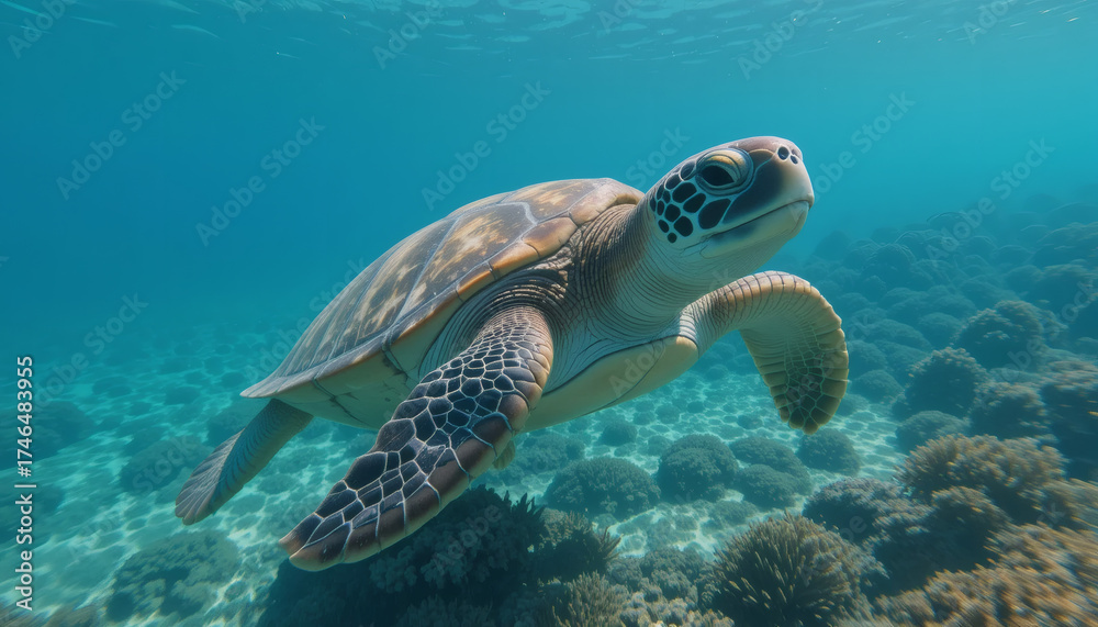Fototapeta premium A majestic sea turtle swimming in a crystal-clear ocean