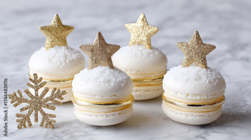 Fototapeta premium Festive macarons decorated with golden star toppers and snow-like sugar, arranged on a marble surface, embodying a joyful holiday spirit and seasonal celebration