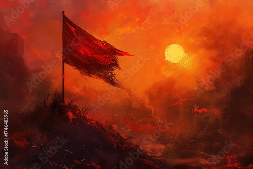 Red torn flag waving in the wind in a post apocalyptic landscape at sunset
