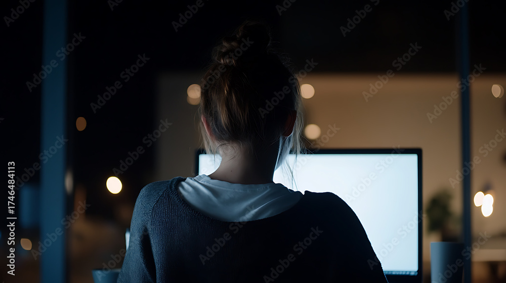 Fototapeta premium Late-night work session: Back view of a person in front of a computer in a dimly lit room. Focus on concentration, technology, and dedication.