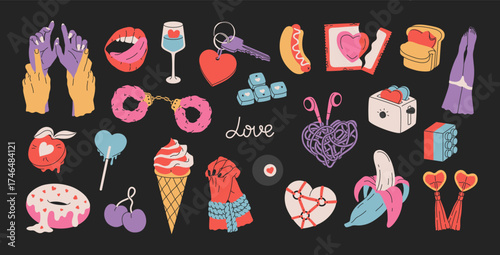 Cartoon set stickers of Valentine's Day and Love. Colorful vintage design of collection romantic elements and symbols. Hand drawn funky doodle pack for daily planner, scrapbooking, print, decoration
