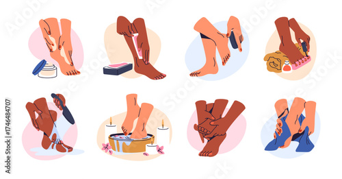 Beauty procedure for female feet set. Women care about their legs, do epilation, peeling, moisturizing and skincare. Hair removal, massage of sole in SPA. Flat isolated vector illustrations on white.