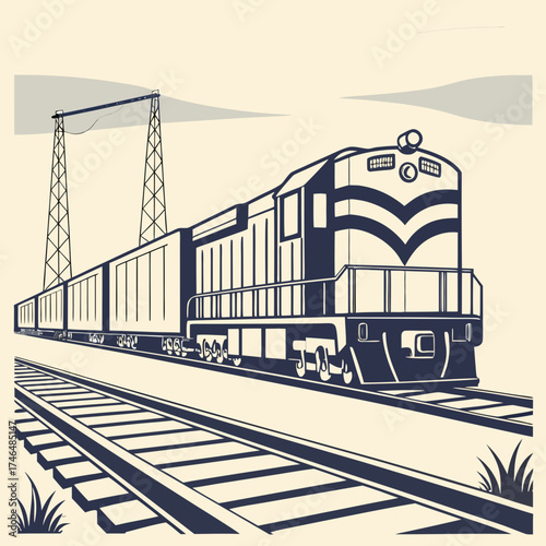 Vector art of vintage train illustration on railroad tracks vector