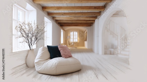 Scandinavian style interior sketches showcasing minimalist design with natural light and cozy seating areas in a warm atmosphere