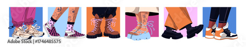 Human feet in different fashion male and female boots set. Chunky sole sneakers, shoes, sandals and loafers on legs. People in socks and footgear, footwear. Flat isolated vector illustrations on white