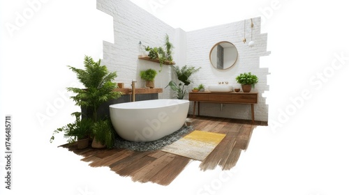Creative bathroom renovation design sketches featuring a modern freestanding tub plants and a wooden vanity for a vibrant atmosphere