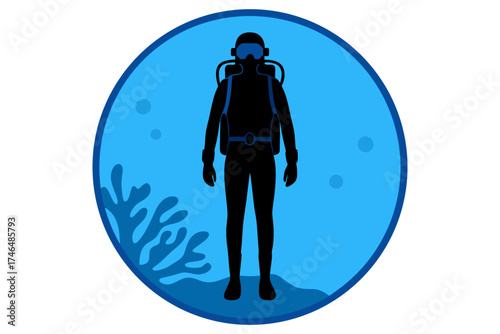 Vector illustration of a full-body scuba diver silhouette exploring the deep blue sea with full diving equipment, symbolizing adventure, exploration, and marine life