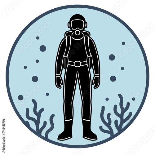 Vector illustration of a full-body scuba diver silhouette exploring the deep blue sea with full diving equipment, symbolizing adventure, exploration, and marine life