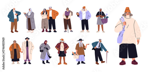 Set of fashion elderly. Old men and women are in stylish clothes. Happy modern senior couples are trendy. Diverse aged people are standing. Flat isolated vector illustrations on white background.