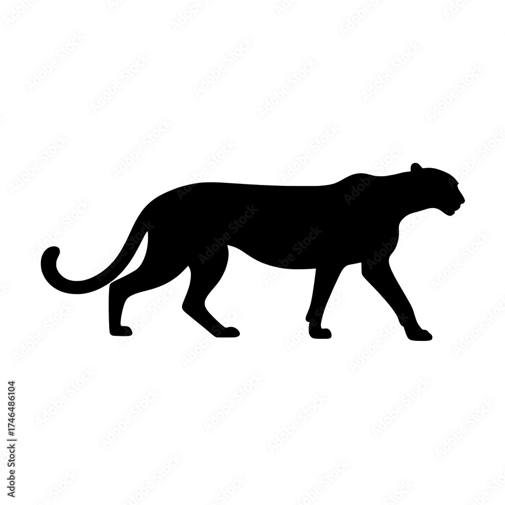 Fototapeta premium Sleek Black Panther Silhouette in Walking Profile on a Pure White Background