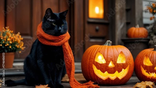 Black cat wearing an orange scarf sits beside glowing jack-o'-lanterns on a porch, surrounded by autumn leaves and decorative pumpkins, capturing the festive Halloween spirit