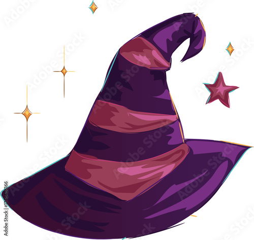 A vector illustration of a witch hat with stars and pink decoration