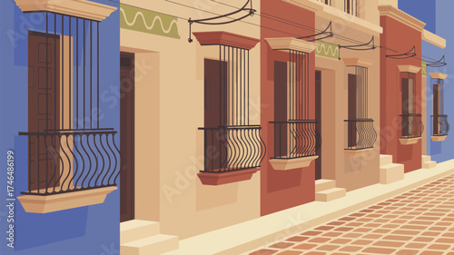 Illustration of colorful buildings with balconies along a street with brick pavement in a sunny day
