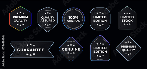 Premium Quality And Guarantee Badges Collection With Modern Neon Outlined Labels For Limited Edition, Genuine, And Certified Products. Black Friday Cyber Monday Marketing Design. Vector Illustration
