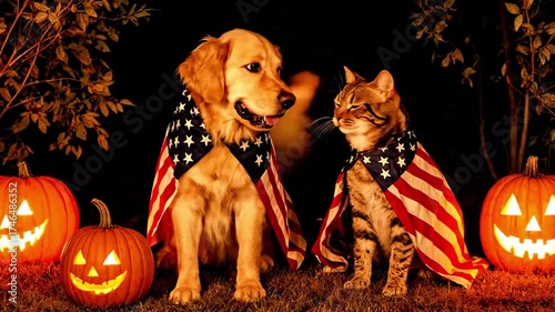Golden retriever and tabby cat in festive capes pose together among glowing pumpkins, showcasing playful interaction and Halloween spirit in a charming outdoor setting